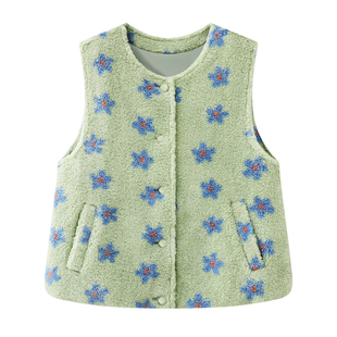 阔系の绿色仿羊羔毛绒印花马甲背心外套女2025冬新款叠穿圣诞上衣