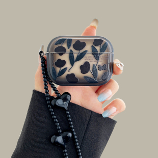 ins风艺术黑色花朵airpodspro2保护套适用苹果蓝牙耳机壳2代透明黑色3代硅胶pro小清新女4代套全包防摔新款