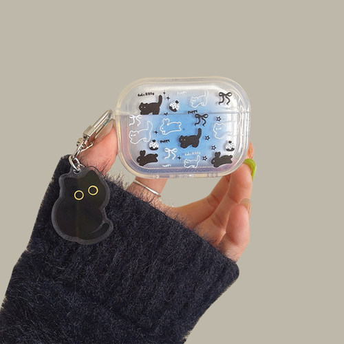 渐变蓝色小黑猫airpods4保护套