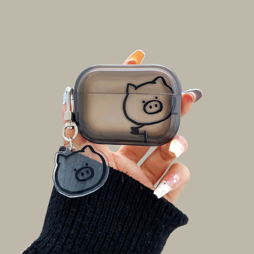 简约线条猪猪airpodspro2保护套苹果蓝牙耳机壳2代透明黑色3代硅胶pro可爱男女4代套全包防摔新款卡通软壳1萌