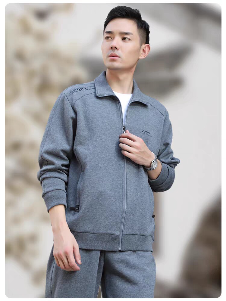 鲁美运动套装男春秋宽松大码爸爸灰色加肥加大中年运动套装男