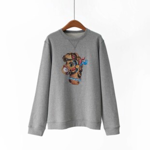 zhi 厂料 G上1.9k 全棉拉毛针织布风小马印花圆领套头宽松卫衣 元