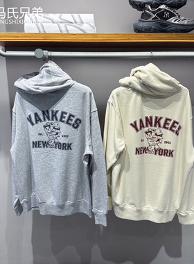 MLB25年秋季男女时尚运动洋基队皱眉熊印花连帽套头卫衣3AHDE0154