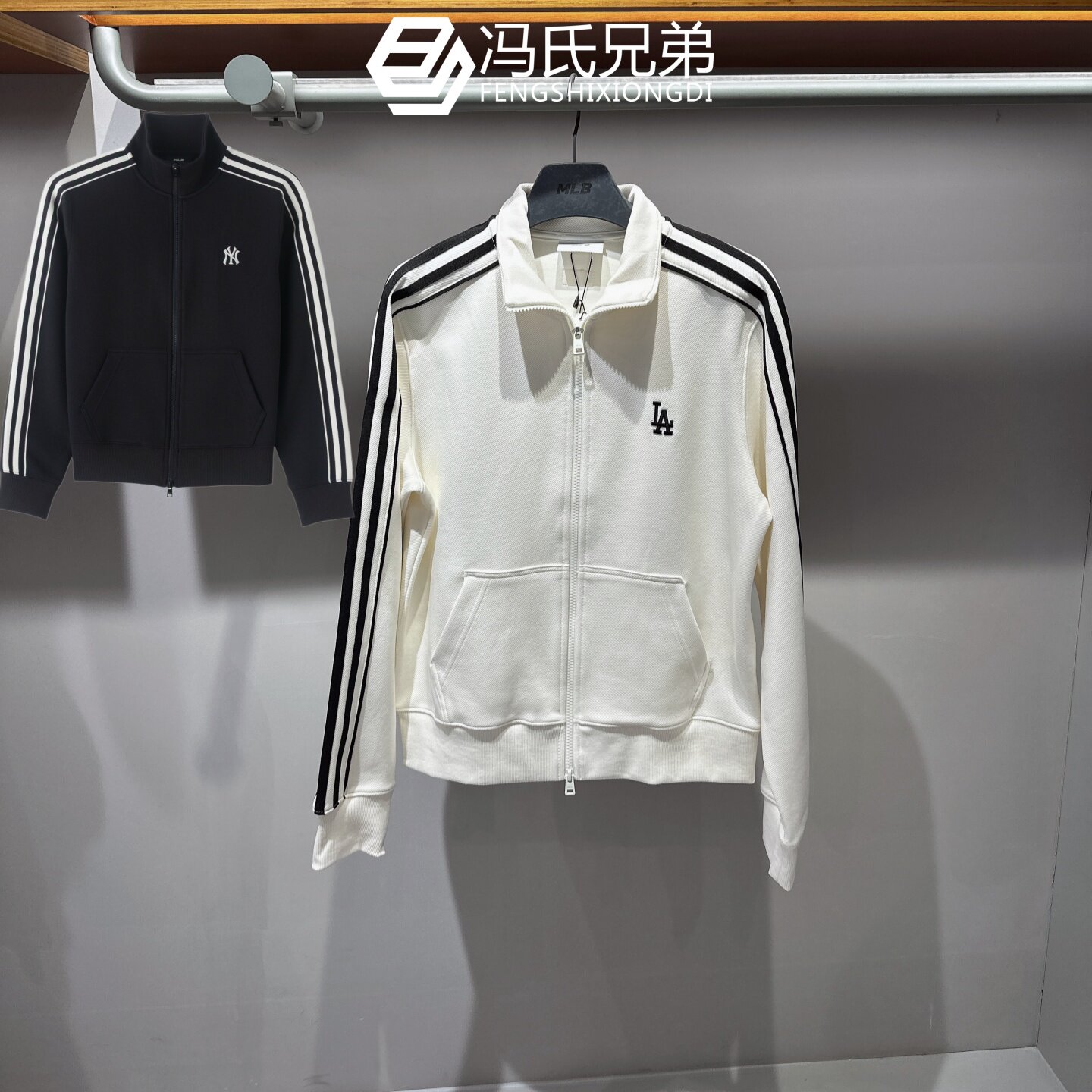 MLB26年秋季情侣款休闲时尚运动防风立领NY条纹针织外套3ATRV0364