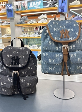 MLB 25年秋季男女时尚休闲NY满印老花经典牛仔双肩背包3ABKM065N