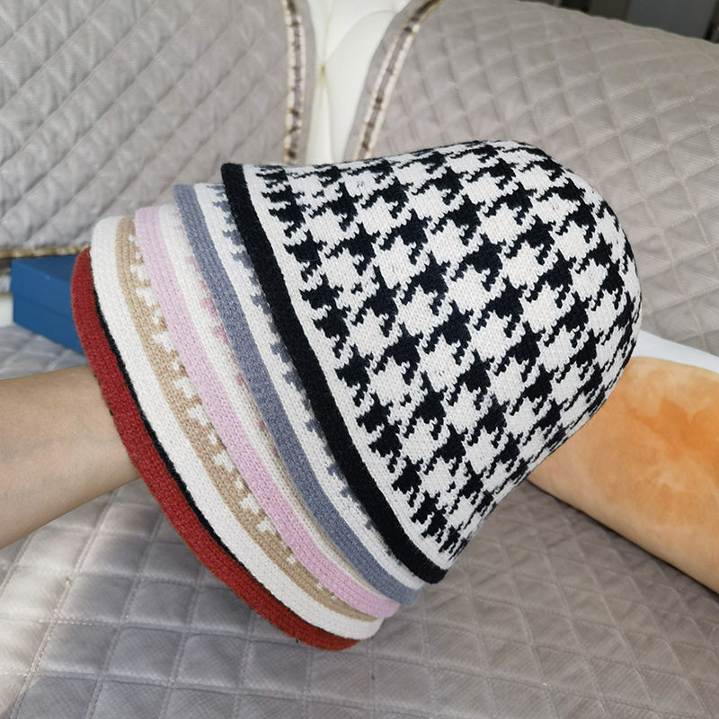 ins风~日系秋冬水桶帽2023新款韩版帽子千鸟格纹小香风百搭渔夫帽