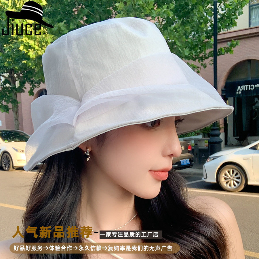 2024新款夏季防晒帽女网纱仙女遮阳盆帽韩国渔夫帽日系太阳帽礼帽