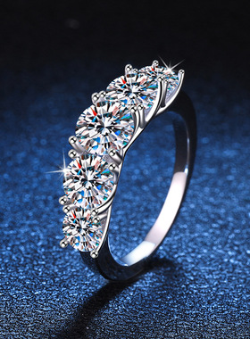 跨境欧美风s925纯银戒指女D色莫桑石排戒高级感3.6克拉莫桑钻戒指