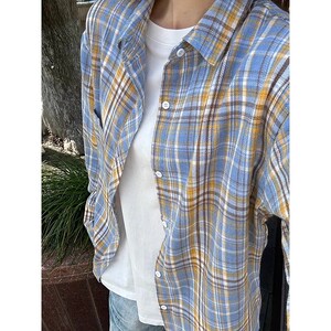 现货 秋季复古蓝色格纹长袖情侣休闲衬衫 CS2479-特P40图片