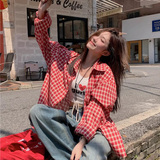 现货2025秋季新款复古红色格子长袖衬衫CS2532-特P35，女装衬衫，星座418-2