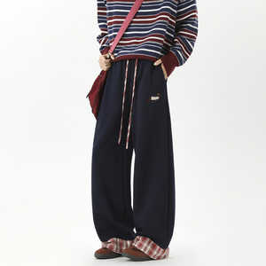 现货2026春季新款华棉 腊肠狗运动卫裤拼接格子休闲裤K2496-特P50，男装休闲裤，星座418-2