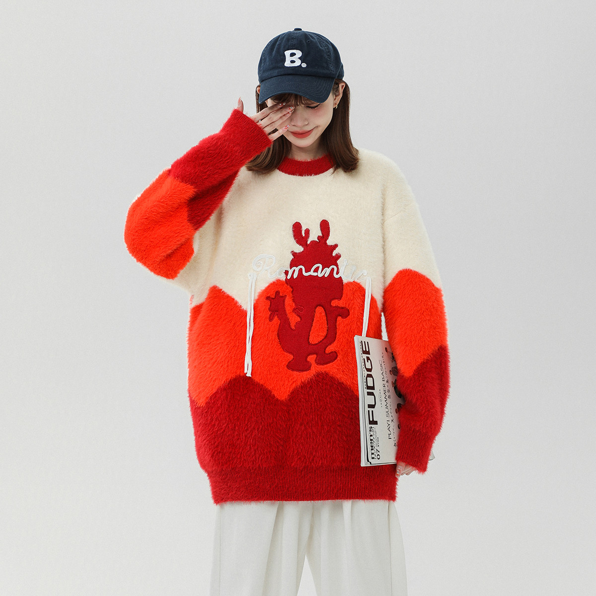 2023 Autumn/Winter Thickened Arctic Velvet Knitwear Little Dragon Man Color Block Sweater SM215-P78_voghion.com
