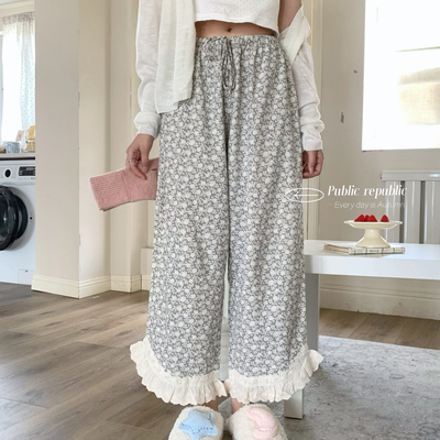 Public re Public韩国四季纯棉森系宽松花边碎花家居裤睡裤可外穿