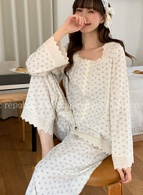 Public republic韩国纯棉小清新森系素雅花边碎花开衫家居服睡衣