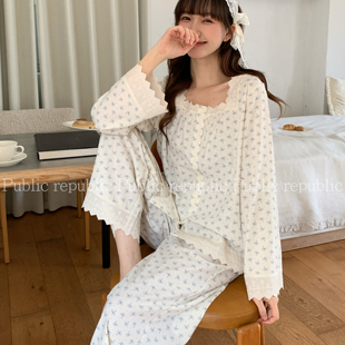 Public republic韩国纯棉小清新森系素雅花边碎花开衫家居服睡衣