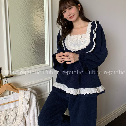 Public republic韩国冬季毛绒荔枝绒甜美花边法式公主风家居服女