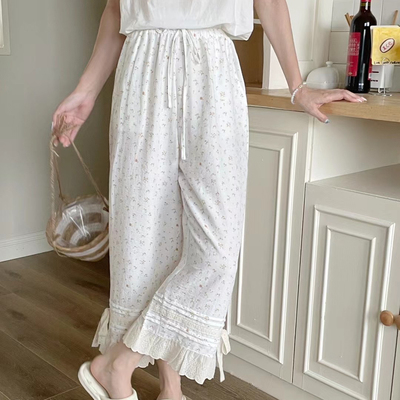 Public re Public韩国纯棉文艺小清新花边碎花九分裤家居裤睡裤女