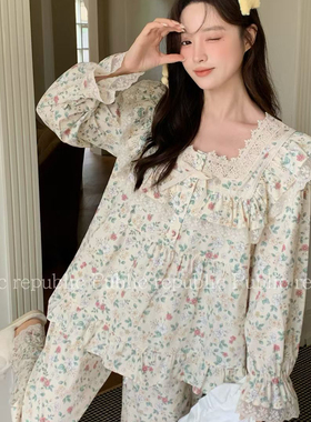 Public republic韩国秋冬纯棉田园花朵碎花荷叶边花边家居服睡衣