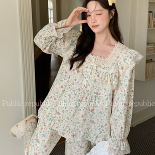 Public republic韩国秋冬纯棉田园花朵碎花荷叶边花边家居服睡衣