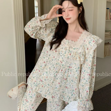 Public republic韩国秋冬纯棉田园花朵碎花荷叶边花边家居服睡衣