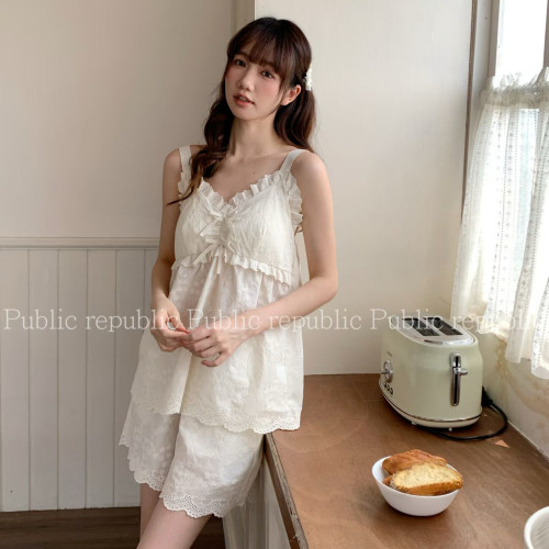 Public republic韩国夏季纯棉甜美刺绣花边带胸垫吊带睡衣家居服