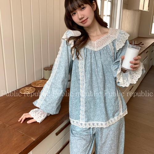 Public republic韩国秋季纯棉甜美法式蕾丝花边碎花家居服睡衣女