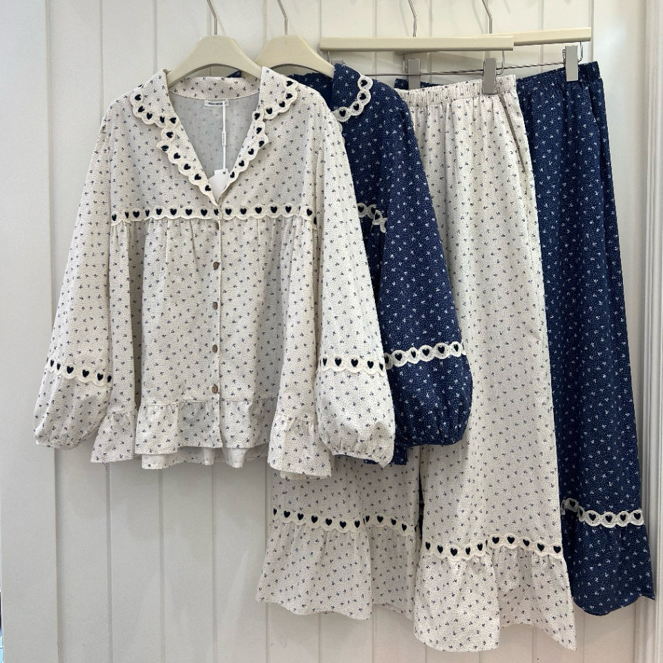 Public republic韩国纯棉甜美森系爱心刺绣花边开衫家居服睡衣女