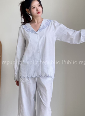 Public republic韩国秋季纯棉简约竖条纹刺绣花边开衫家居服睡衣