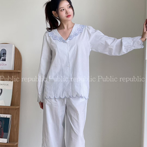 Public republic韩国春秋纯棉简约竖条纹刺绣花边开衫家居服睡衣