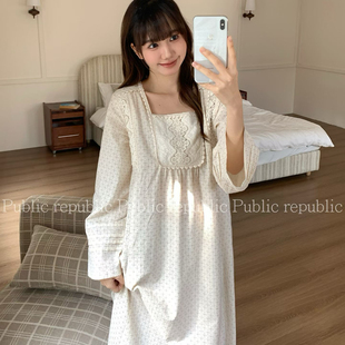 Public republic韩国纯棉梭织棉森系刺绣花边长款睡裙家居服睡衣