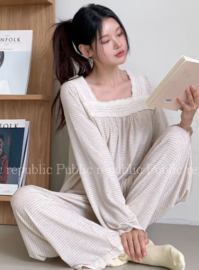 Public republic韩国秋季平纹棉简约柔软条纹花边家居服睡衣套装