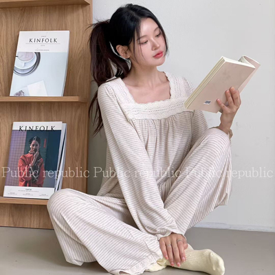 Public republic韩国秋季平纹棉简约柔软条纹花边家居服睡衣套装