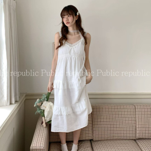 Public republic韩国夏季纯棉甜美蕾丝花边带胸垫吊带睡裙睡衣