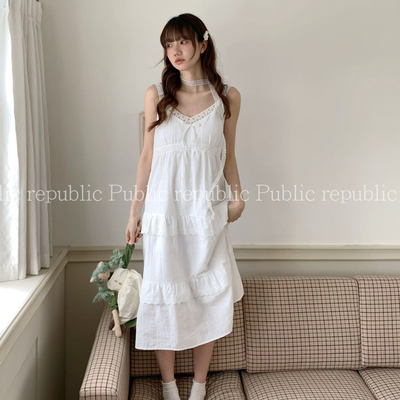 Public republic韩国夏季纯棉甜美蕾丝花边带胸垫吊带睡裙睡衣