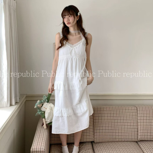 Public republic韩国夏季纯棉甜美蕾丝花边带胸垫吊带睡裙睡衣