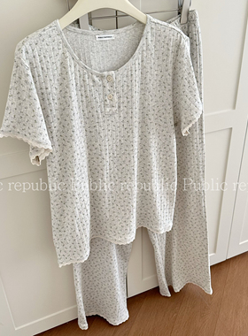 Public republic韩国纯棉针织棉简约小清新花边碎花家居服睡衣女