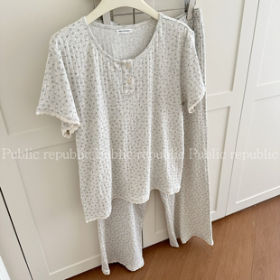 Public republic韩国纯棉针织棉简约小清新花边碎花家居服睡衣女