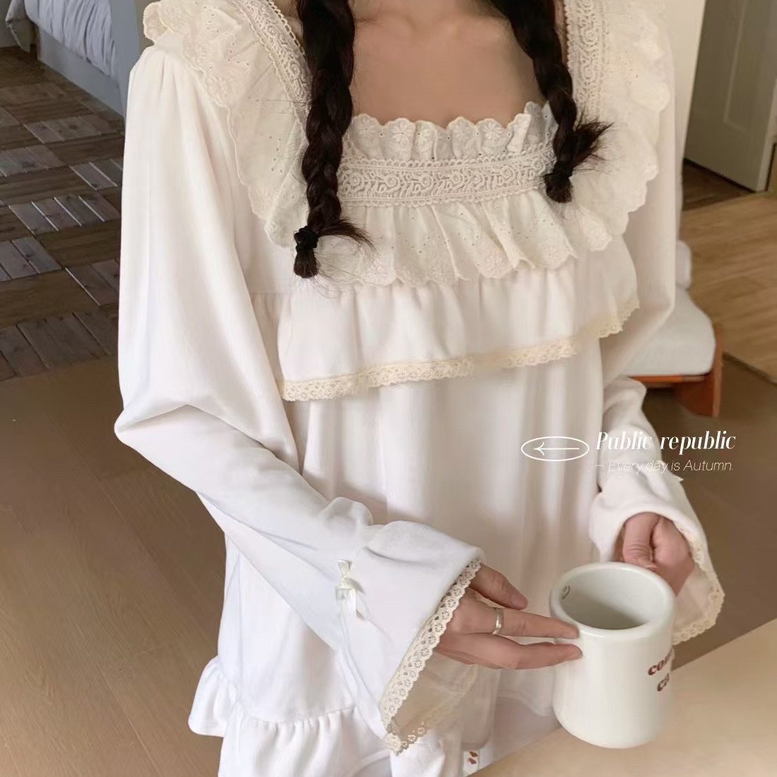 Public republic韩国海岛绒法式甜美荷叶边花边宫廷风家居服睡衣