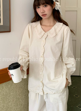 Public republic韩国春季纯棉简约法式刺绣花边开衫家居服睡衣女