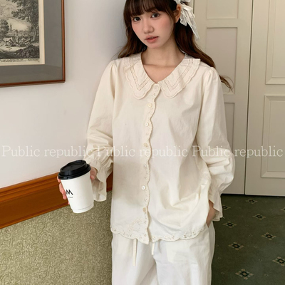 Public republic韩国春季纯棉简约法式刺绣花边开衫家居服睡衣女