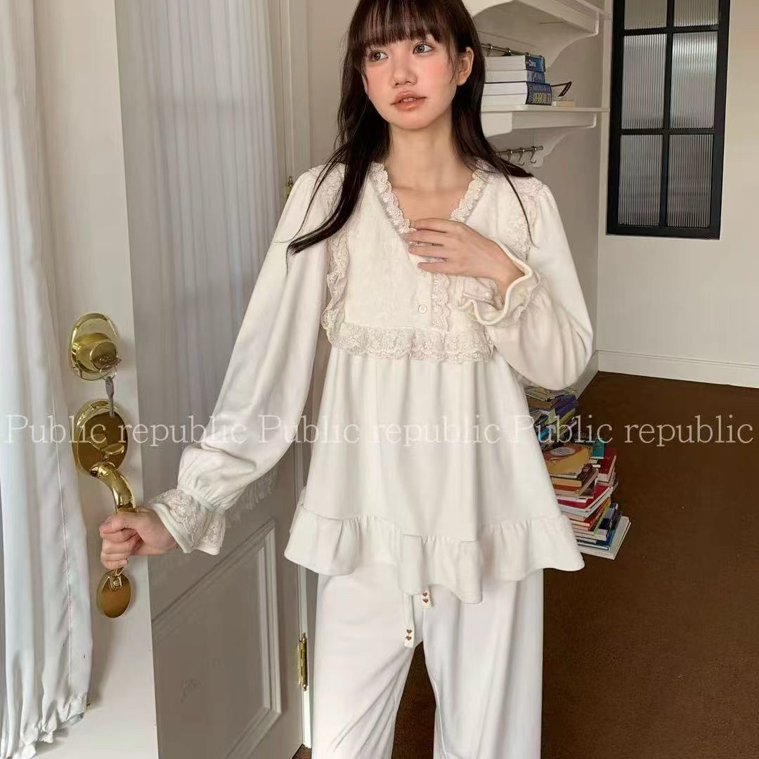 Public republic韩国冬季保暖加绒薄绒银狐绒蕾丝花边家居服睡衣
