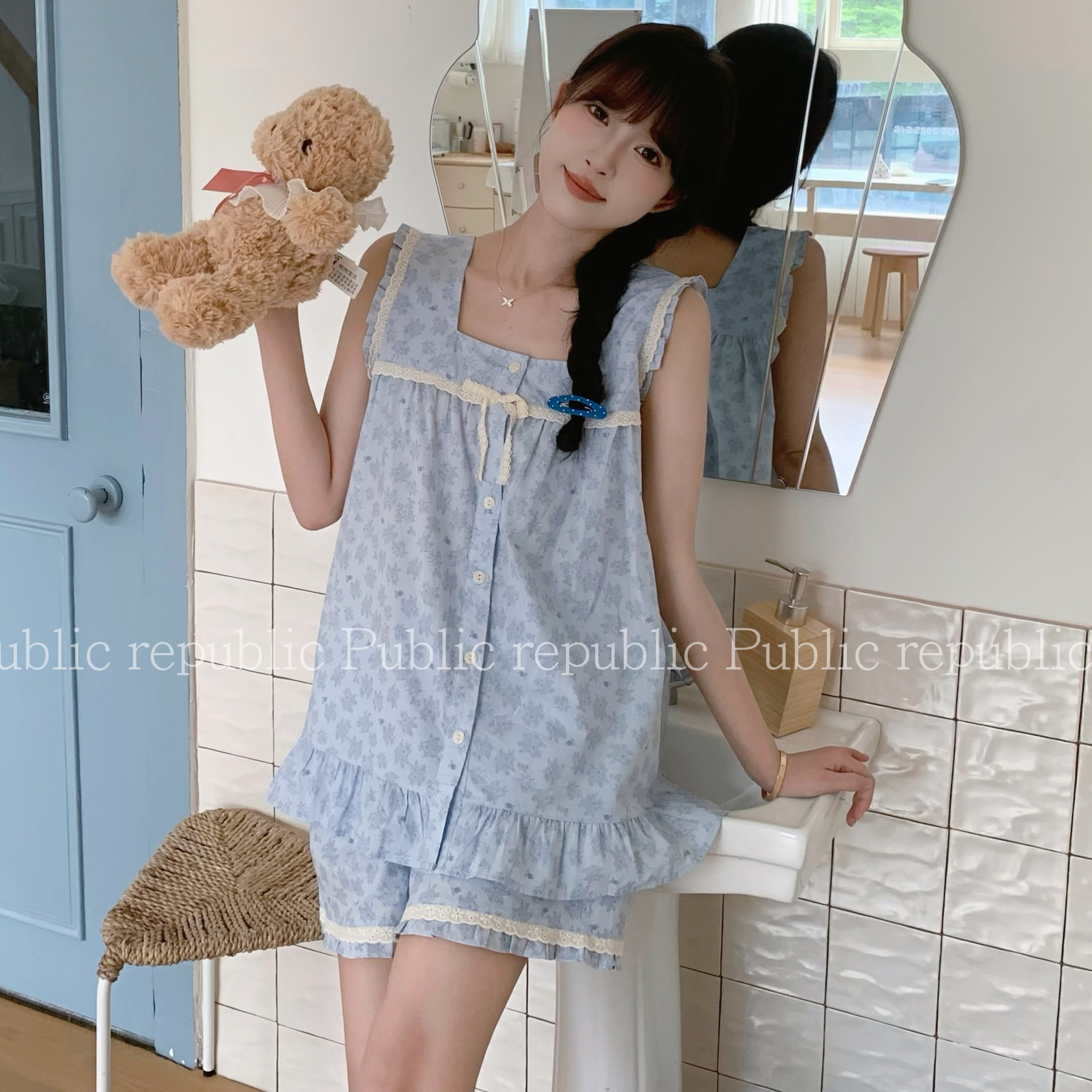 Public republic夏季韩国纯棉简约碎花背心花边吊带家居服睡衣女