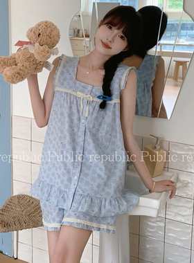 Public republic夏季韩国纯棉简约碎花背心花边吊带家居服睡衣女