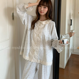 Public republic韩国纯棉针织棉可爱娃娃领花边小兔子开衫家居服