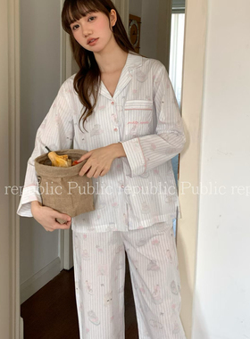 Public republic韩国春秋纯棉少女花朵竖条纹开衫翻领家居服睡衣