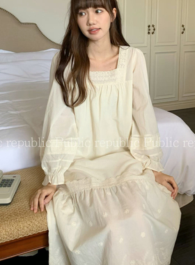 Public republic韩国纯棉法式公主刺绣蕾丝花边睡裙睡衣家居长裙