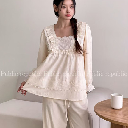 Public republic韩国秋季纯棉斜纹棉宫廷风刺绣花边家居服睡衣女