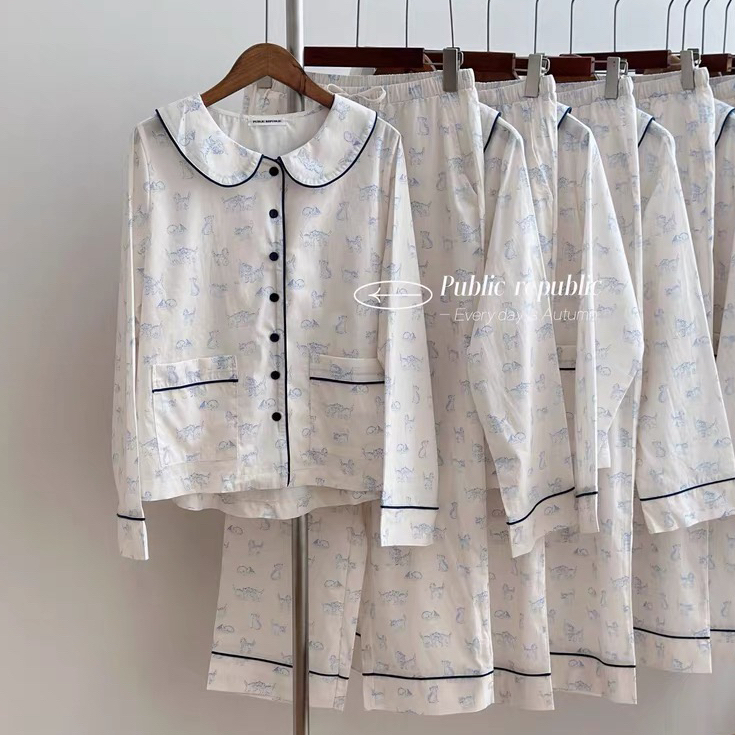 Public re Public韩国纯棉素雅猫咪简约开衫娃娃领睡衣套装家居服