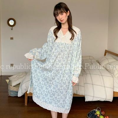 Public republic韩国纯棉双层纱布田园风碎花长袖睡裙睡衣家居服