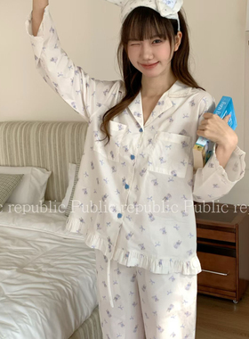 Public republic韩国秋季纯棉可爱减龄猫咪花边开衫家居服睡衣女